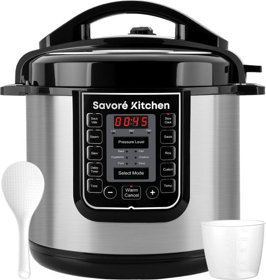 Savoré Kitchen Pressure Cooker 6L – Tot 6 Pers. – PFAS-vrij – 29 × 33,5 cm – Snelkookpan, Rijstkoker, Slowcooker, Stomer, Sous-vide & Multicooker