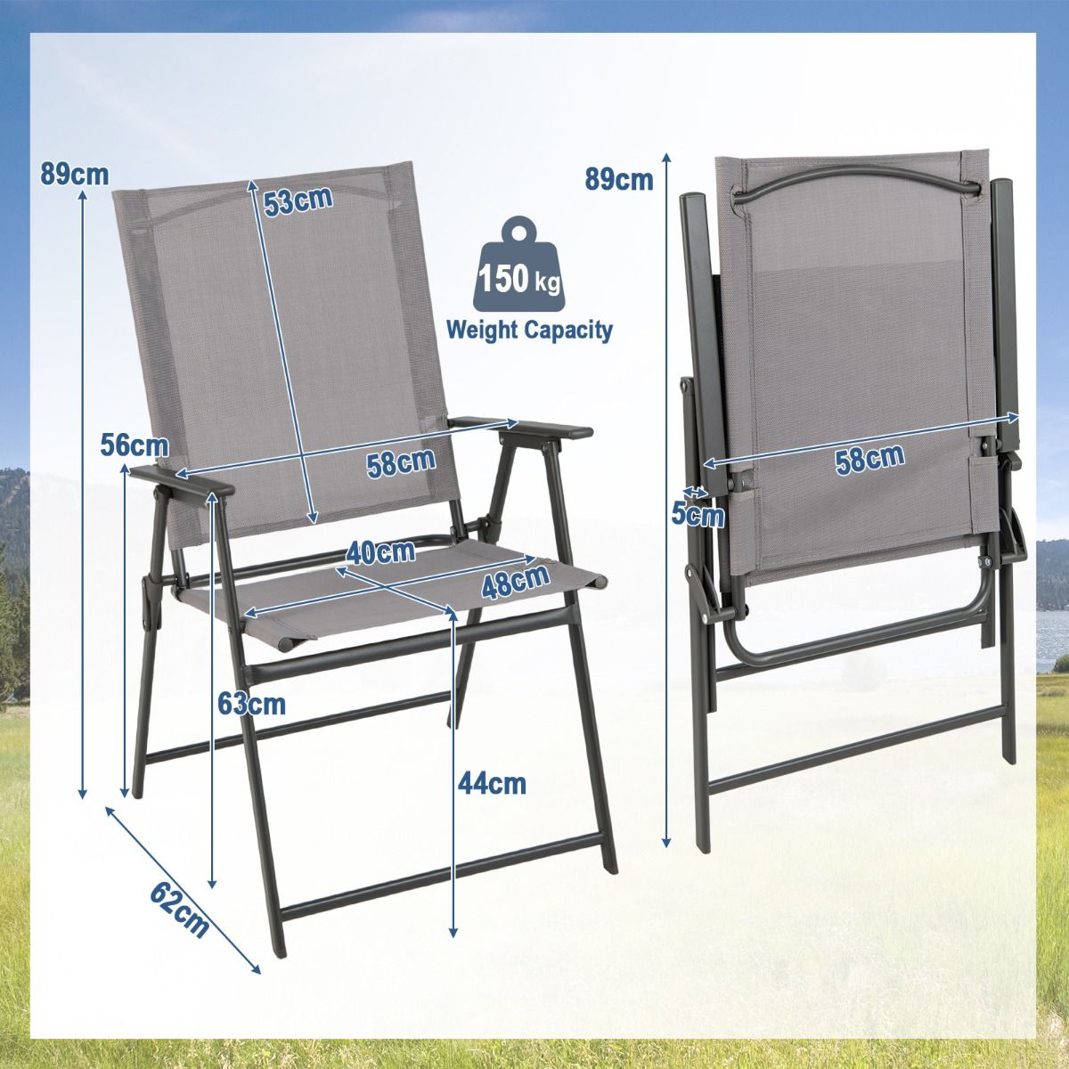 Coast Opvouwbare Tuinstoelen Set van 4 - hoge rugleuning - ergonomisch - grijs