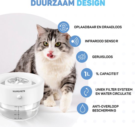 Vulpes Goods® Huisdieren - Drinkfontein voor Kat & Hond – Draadloze Kattenfontein – Waterbak en Waterfontein Kat – Oplaadbaar, Draagbaar & Draadloos - Drinkbak Hond - Anti Knoei - PRO Versie
