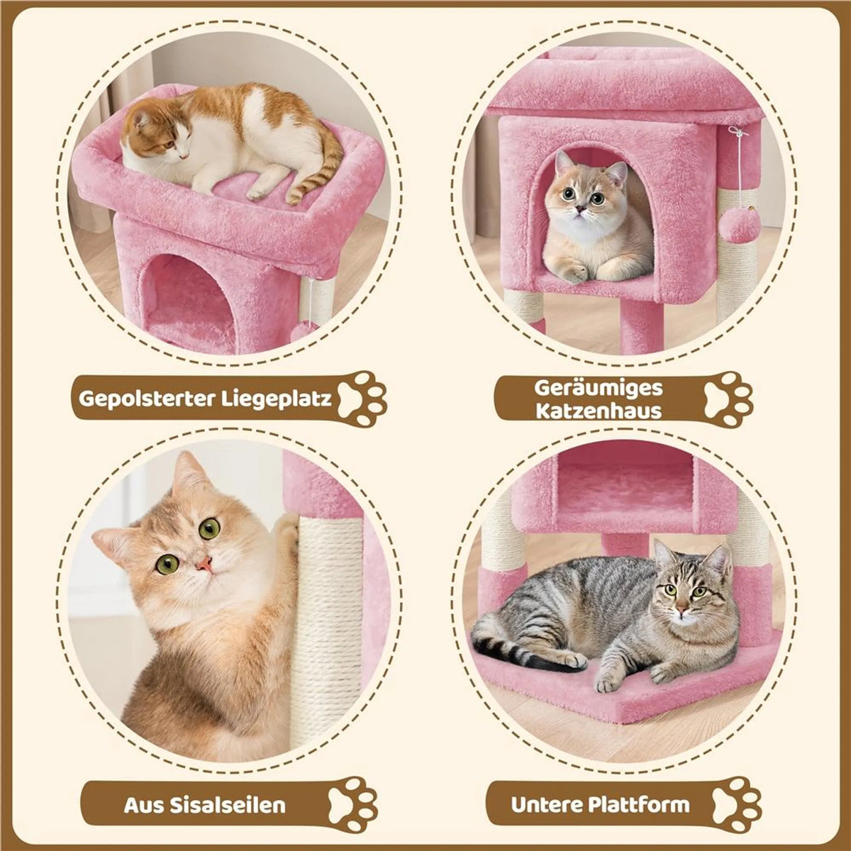 Yaheetech Krabpaal Met Hangmat – Voorzien Van Knus Kattenhol En Twee Sisalpalen En Zachte Ligplek – Voor Kittens En Kleine Katten – Lichtroze Pluche En Sisal – 40,5 x 40,5 x 59 cm