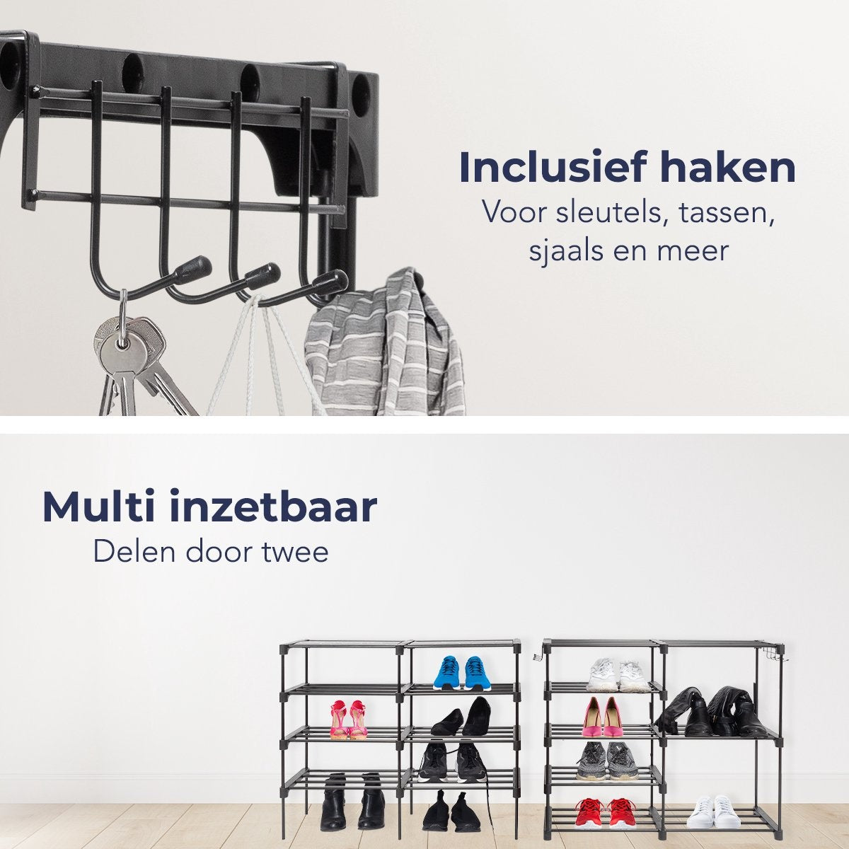 LifeGoods Schoenenrek - 9 Laags - Inclusief Haakjes - Schoenenkast - Opbergsysteem 32 Paar schoenen - Metaal - Zwart