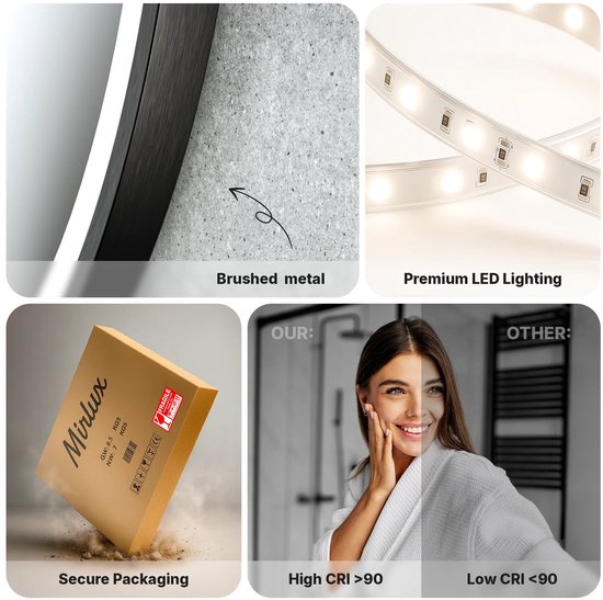 Mirlux Badkamerspiegel met LED Verlichting & Verwarming – Wandspiegel rond – Anti Condens Douchespiegel - 80CM - Zwart Frame