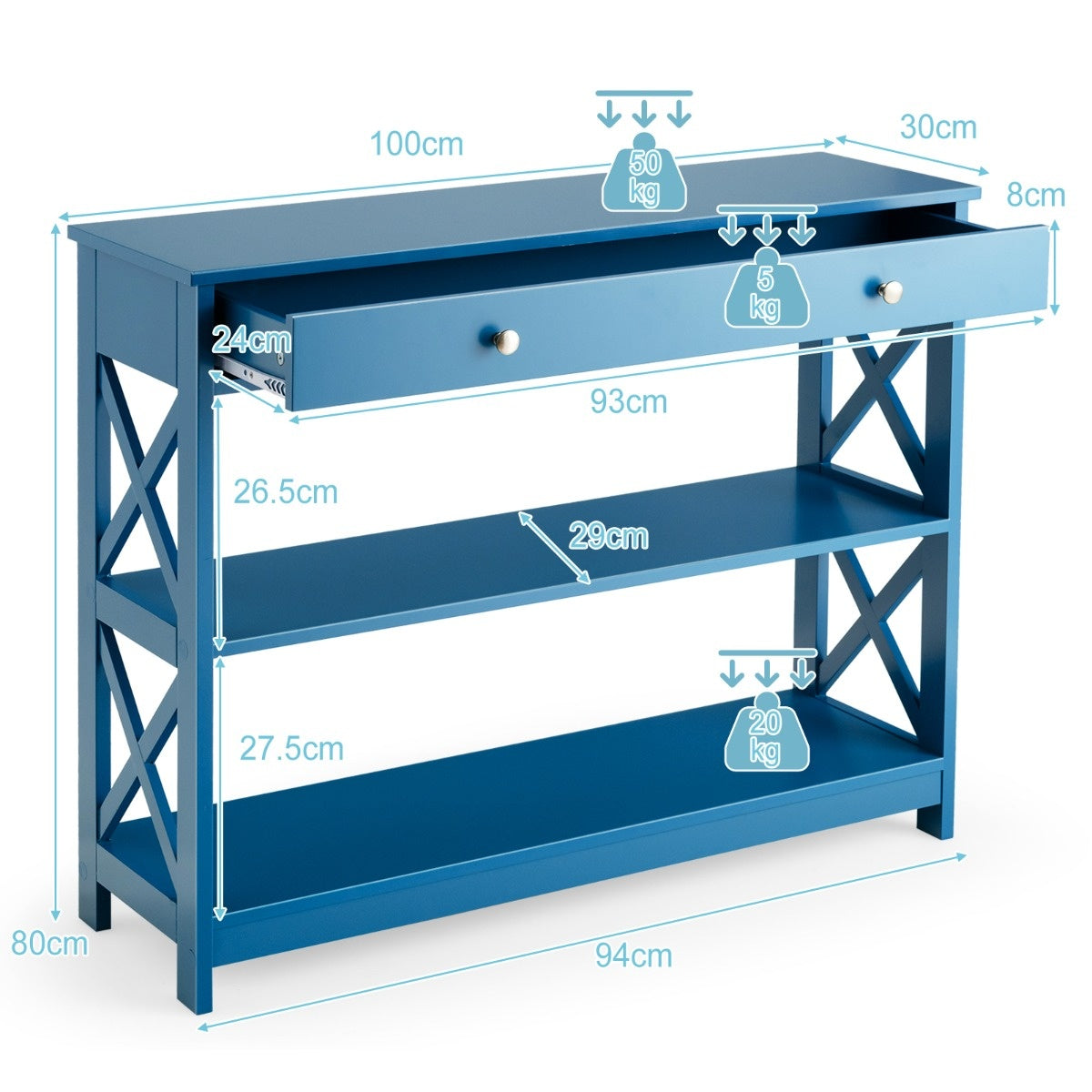 Coast 3 NIVEAS CONSOL TABEL MET LADE & 2 planken en X-vormige benen blauw