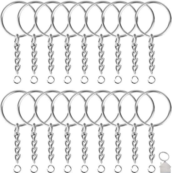 Sleutelringen met Ketting - 100 RVS Sleutelhanger Split Ringen - Sleutel Hanger Splitringen Set - 25 mm - 100 Stuks - Inclusief sleutelhanger met huisje