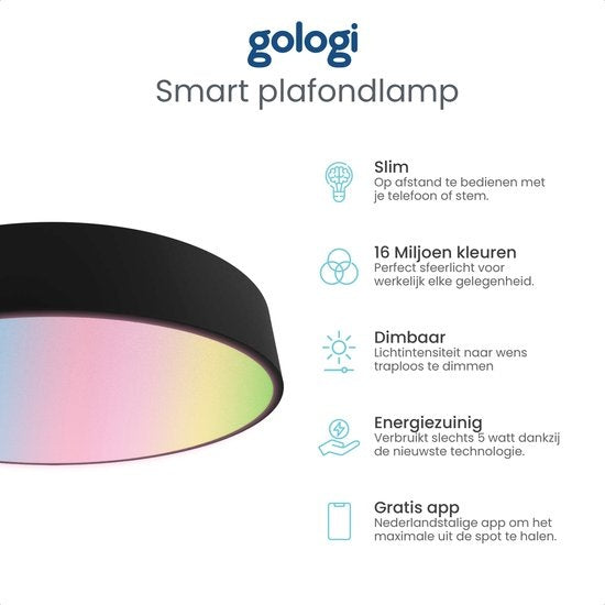 Gologi Slimme Plafondlamp Zwart - Plafondlampen - LED RGB - Industrieel - Plafonniere - Slaapkamer & Woonkamer - Plafondlamp zwart - 30cm