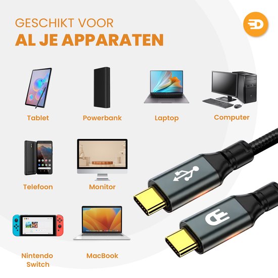 Drivv. USB C Kabel naar USB C 3.2 - 100w Snellader - 4K 60Hz - 20GBs - 3 Meter - Geschikt voor Samsung, Macbook, iPhone 15 & Meer - Nylon - Grijs