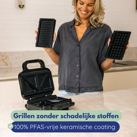 Safecourt Kitchen Tosti-apparaat – 3-in-1 tosti-ijzer, wafelijzer én contactgrill – Uitneembare PFAS-vrije platen & vaatwasserbestendig – compact – snel warm – Contactgrill