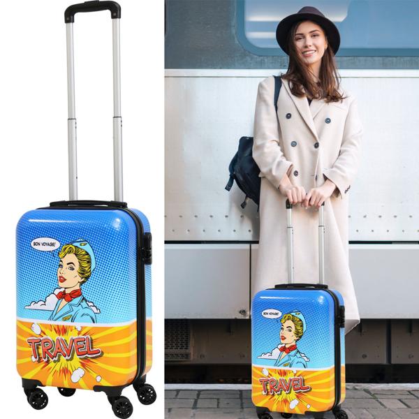 Excellent Houseware – Reiskoffer Op Wieltjes – 51 x 33 x 21.5 cm & Hardcase – Voorzien Van Telescopisch Handvat En Uniek Print-design – Voor Handbagage En Citytrips – Blauw Abs