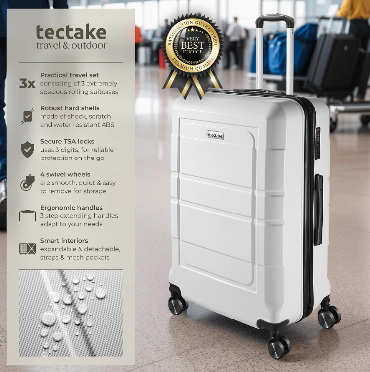 tectake Brice Kofferset 3-delig – L, M & S – ABS – 360° Wielen – TSA-slot – Wit