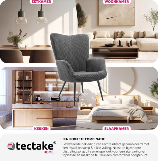 tectake® Oorfauteuil in Scandinavische stijl - Corduroy Hygge - Stoel voor woonkamer, slaapkamer - Loungefauteuil - Zwart metalen poten - Draagvermogen tot 150 kg - Grijs