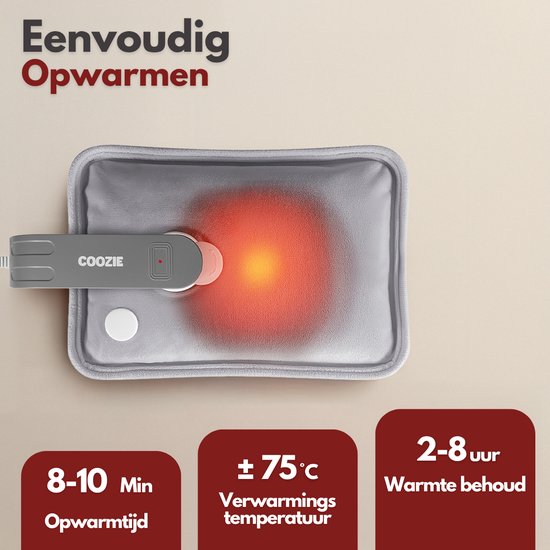 Coozie Elektrische Kruik – 1L – met ThermoSoft Hoes van Fluffy Stof – Verwarmende Zachte Warmwaterkruik – Warmtekruik – Grijs