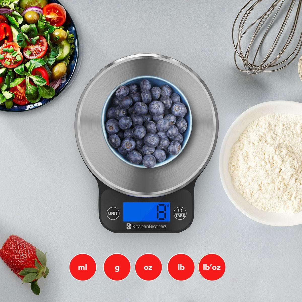 KitchenBrothers Keukenweegschaal - Weegschaal Keuken Digitaal - 1 g tot 6 kg - Tarra Functie - Inclusief Batterijen - RVS/Zwart