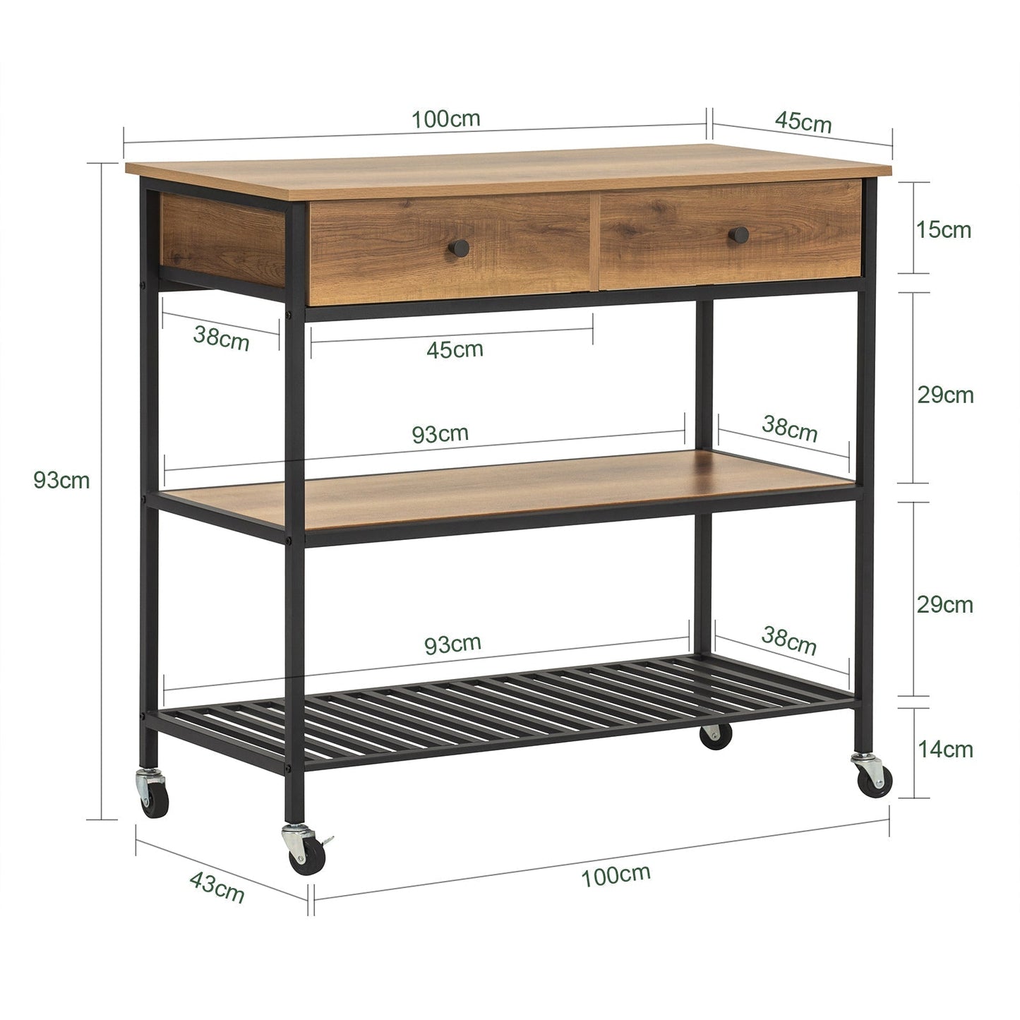 SoBuy Keukentrolley op wieltjes met 2 lades en 2 planken - 100x45x93 cm - Max. 60KG - Houtkleur donker