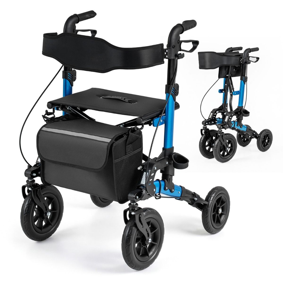 Coast Opvouwbare Rollator voor Senioren - Zitje met netrugleuning - Grote wielen en stokhouder - blauw