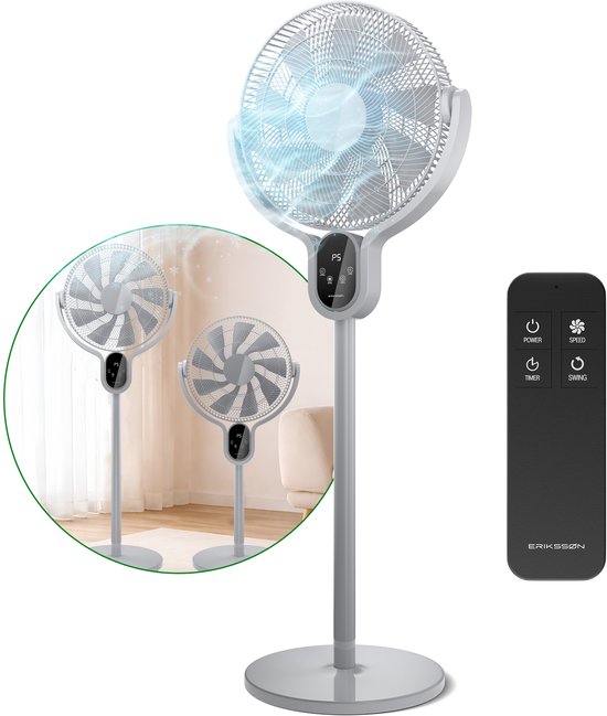 Erikssøn Statiefventilator - Stil En Krachtig 45W - 8 Snelheden - Verstelbaar - Staande Venitlator - Grijs