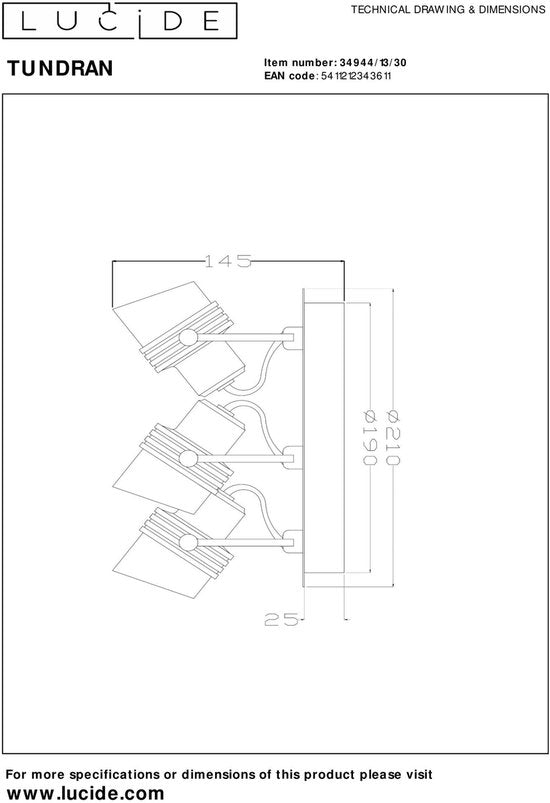 Lucide TUNDRAN - Plafondspot (Plafondlamp) - Ø 21 cm - 3xGU10 - Zwart