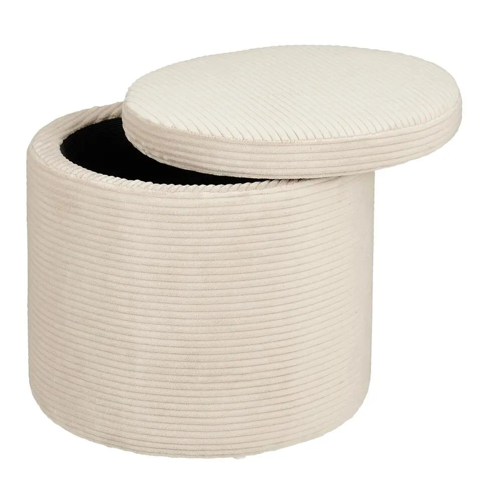 Mica Decorations Ronde Opbergpoef met Deksel - Ø 42 x 40,5 cm - Polyester met Houten Frame - Off-white