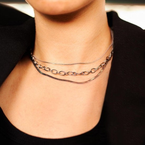 Laura Ferini Dames Ketting Collegato Zilver - Zilverkleurige Schakelketting Met 3 Lagen - 18K Witgoud Verguld - Halsketting - Collier - Sieraad - Accessoires - Dames Ketting Met Lagen