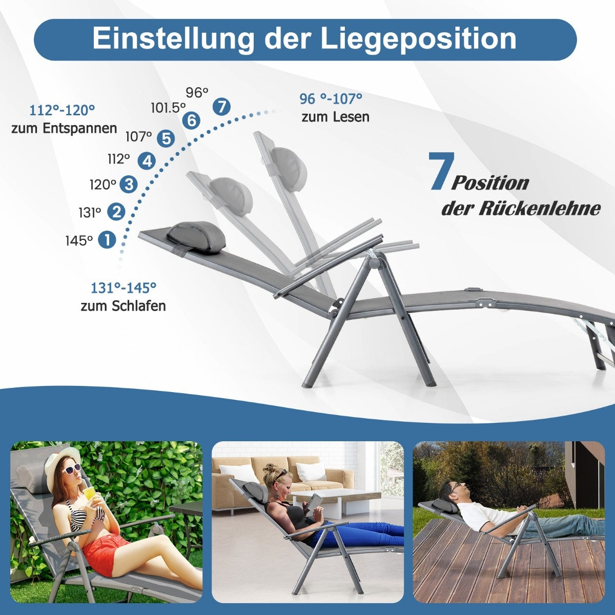 Coast Sun Lounger Garden Lounger met hoofdsteun 7 verstelbare rugleuningen grijs
