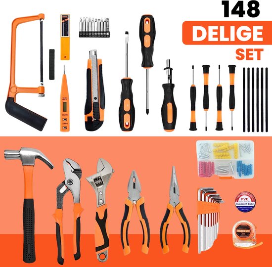 Vertrex Gereedschapskoffer gevuld - Gereedschap - Gereedschapset - Gereedschapskoffers - Schroevendraaierset - Meetlint - Rolmaat - Hamer - Bitset - Inbussleutelset - Spanningszoeker - Zaag - Stanleymes