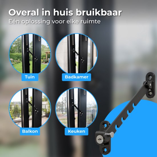 Nuvance Raamuitzetter - Raamvastzetter - Kierstandhouder - Windhaak - 5 Standen - Raamslot - Windhaak - Kinderslot - Zwart