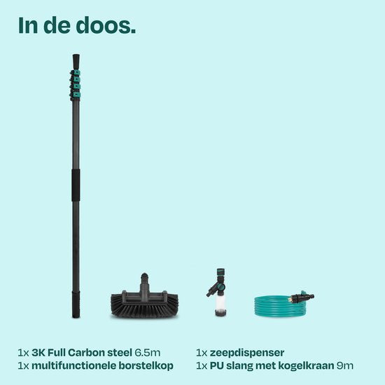 VONROC PRO 3K Full Carbon Telescopische Wasborstel – 6,5 m - Incl. 5-vlaks borstelkop, 9m waterslang en zeepdispenser