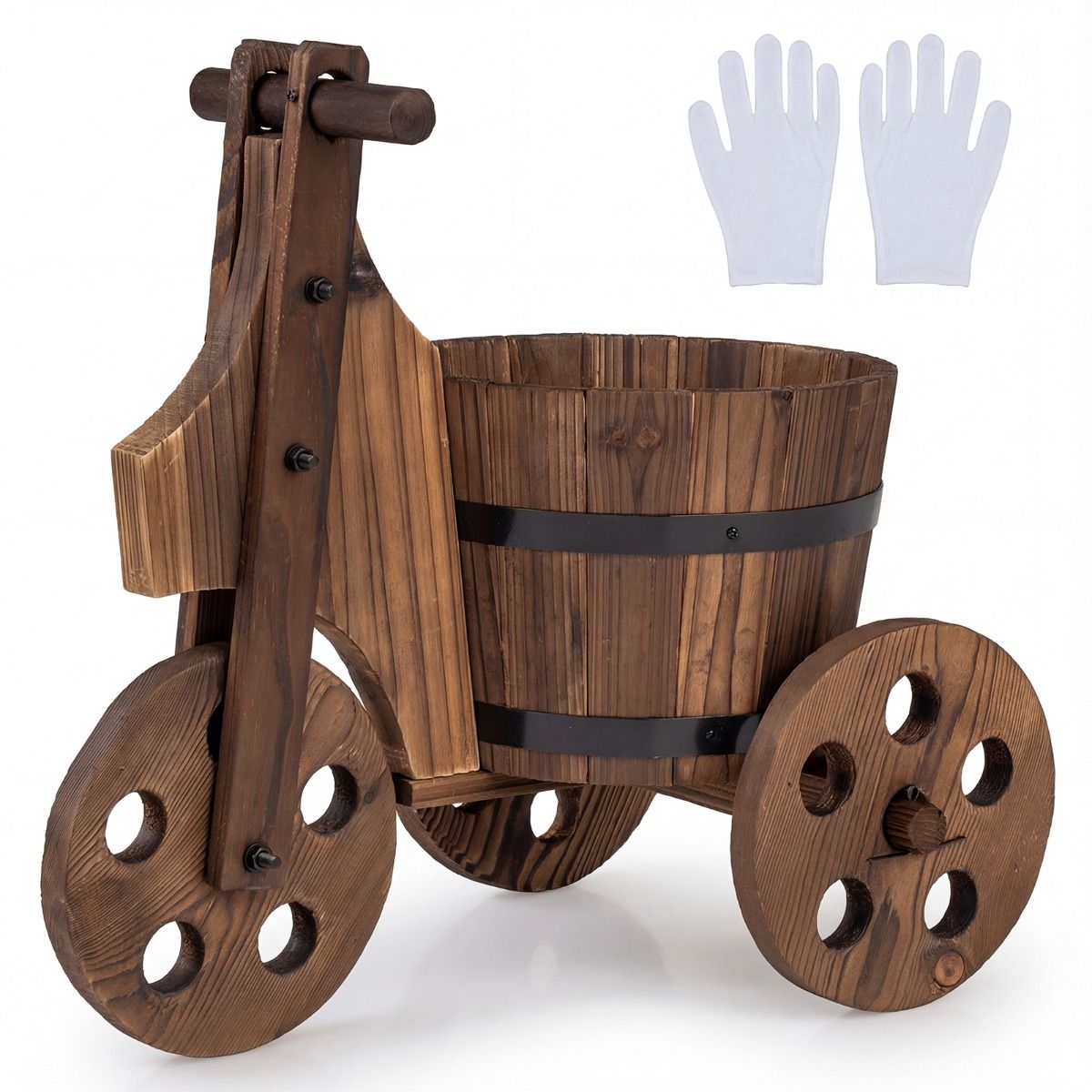 Coast Houten driewielige plantenbak - tonvormig - met afwateringsgat - bruin 47 x 32 x 43,5 cm