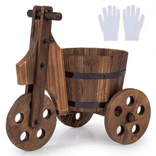 Coast Houten driewielige plantenbak - tonvormig - met afwateringsgat - bruin 47 x 32 x 43,5 cm