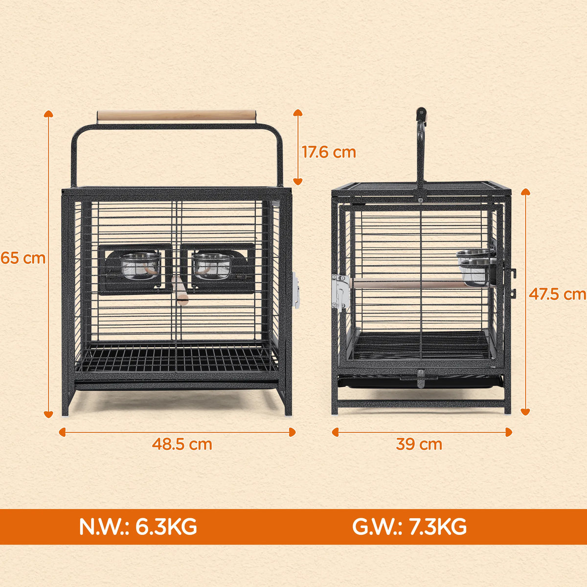 Yaheetech Vogelkooi Met Handgreep – Voorzien Van Houten Zitstokken En Waterafstotende Coating En Afsluitbare Deur – Voor Kanaries En Grasparkieten – Zwart Metaal Kunststof En Hout – 48,5 x 39 x 65 cm
