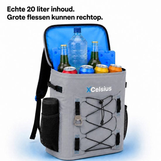 XCelsius® Koeltas Rugzak 20 Liter – Koelrugzak met 2 Koelelementen en Flessenopener – Minstens 24 Uur Koel – 100% Waterdicht – Koelrugtas voor Strand, Festival, Boot en Camping – Grijs