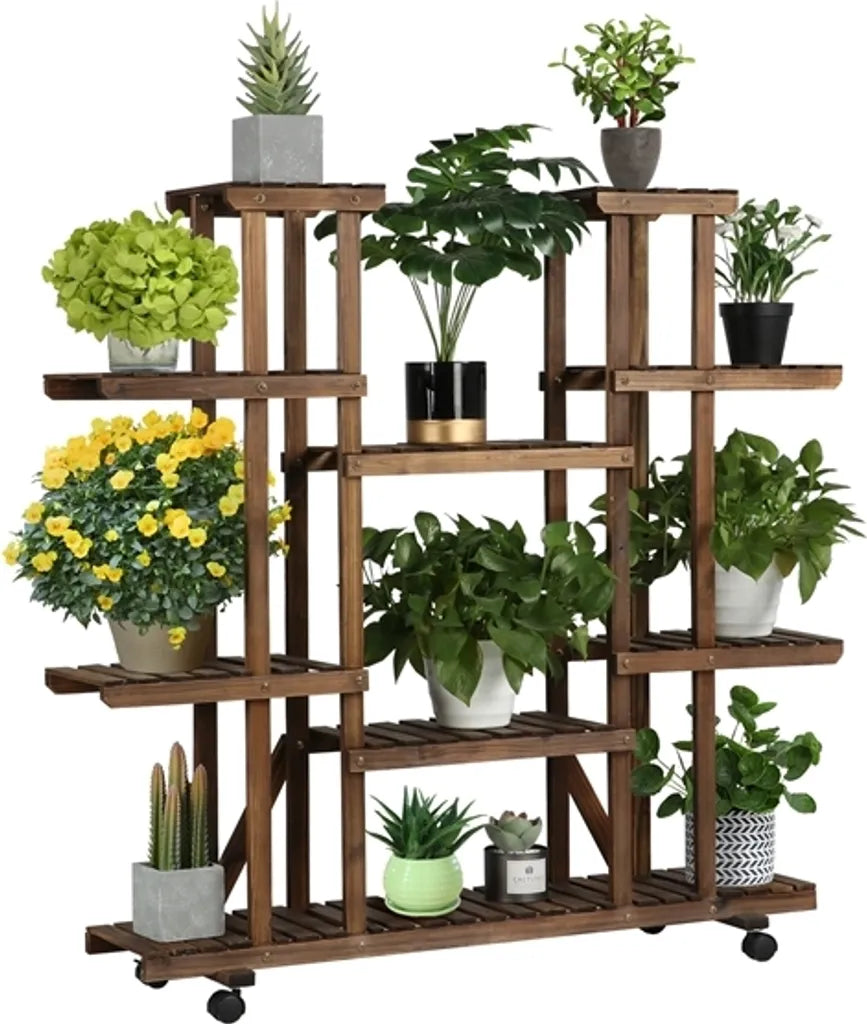 Yaheetech Plantenstandaard Bruin – Houten Bloemenrek met Wielen – 124,5 x 33 x 120 cm