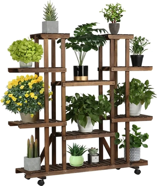 Yaheetech Plantenstandaard Bruin – Houten Bloemenrek met Wielen – 124,5 x 33 x 120 cm