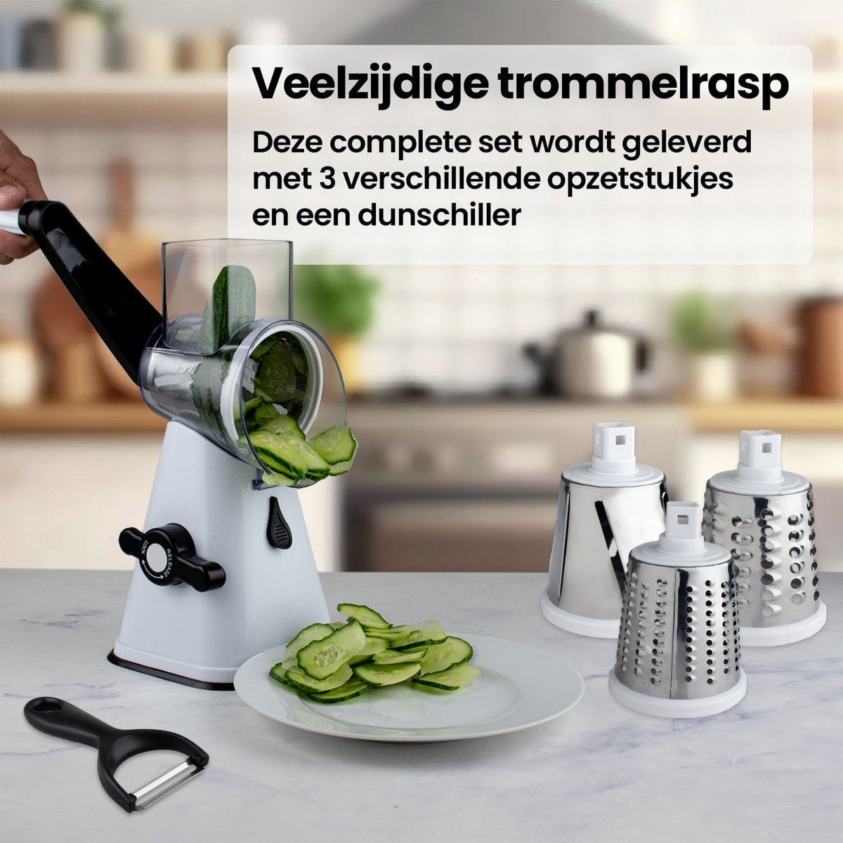 Nimma Trommelrasp - Inclusief 3 Opzetstukjes en Spiraalsnijder - Geschikt als Kaasmolen en Rasp - Wit