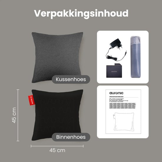 Auronic Warmtekussen - Classic - 45x45 - Draadloos - Oplaadbaar - Elektrisch kussen - Infrarood - Antraciet