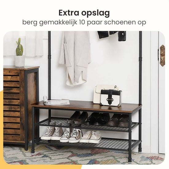 Goliving Kapstok XL – Garderoberek – Schoenenrek – Staand – Industriële kast – Metaal/Hout – 100 x 41.5 x 182 cm – Bruin/Zwart