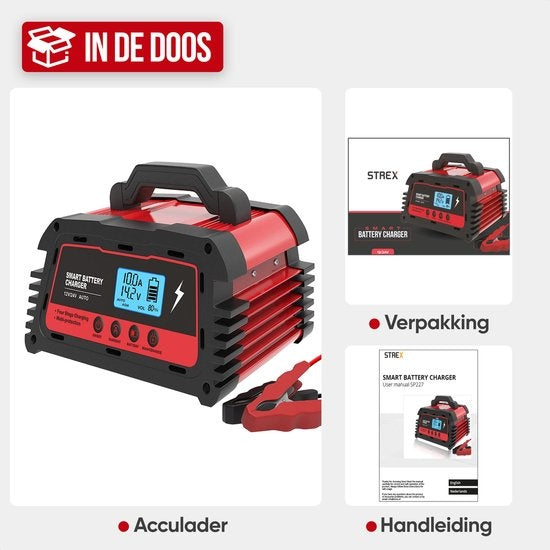 Strex Industriele Acculader - 12/24V 5/10/25A - voor Auto / Motor / Scooter / Boot / Camper - Reparatiemodus - Druppellader