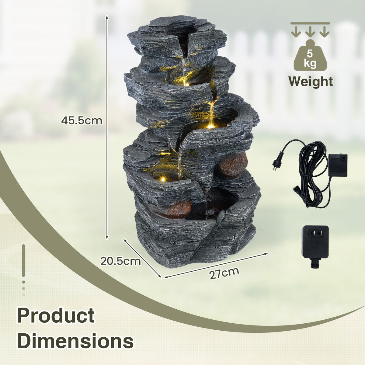 Coast tafelfontein - 5-laags waterval - LED-verlichting - zwart - 27 x 20,5 x 45,5 cm