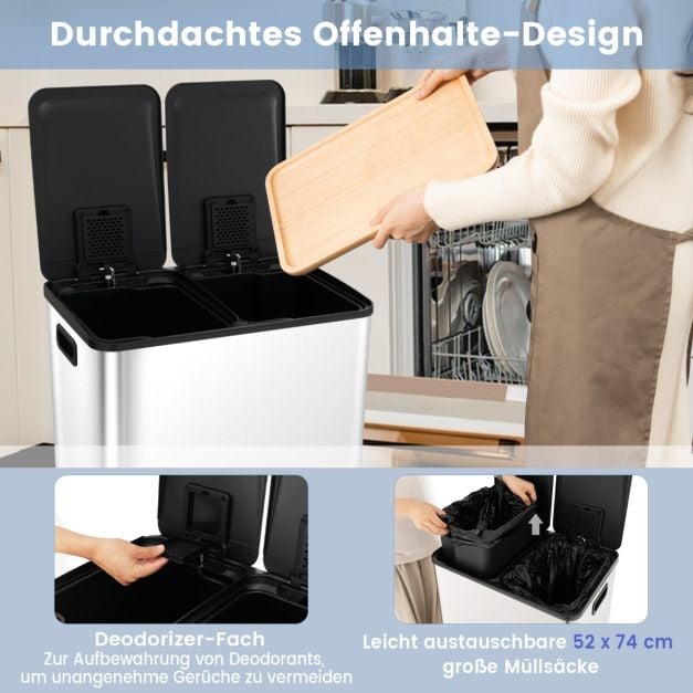 Coast Prullenbak Zwart/Zilver – 2-Vaks Afvalbak met Soft-Close Pedalen – 2 x 30L