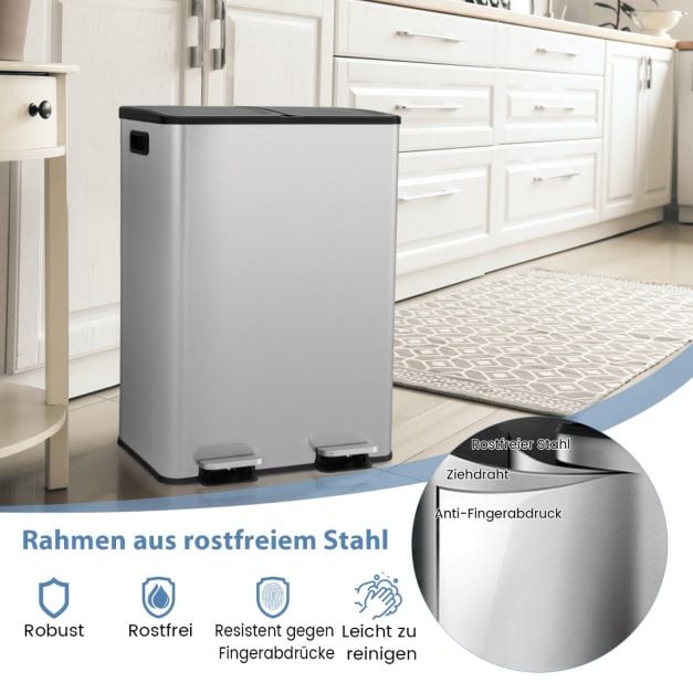 Coast Prullenbak Zwart/Zilver – 2-Vaks Afvalbak met Soft-Close Pedalen – 2 x 30L