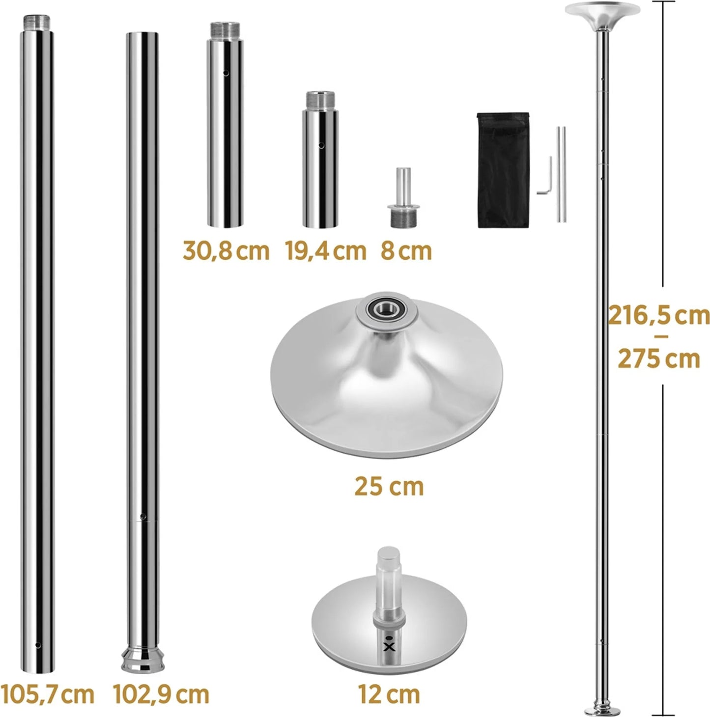 Yaheetech Danspaal Verstelbaar – Voorzien Van Statische En Draaiende Stand En Siliconen Rubberen Bescherming En 2 Verlengstangen – Voor Thuisgebruik En Fitness – Zilver Verchroomd Metaal – 25 x 25 x 216,5-275 cm