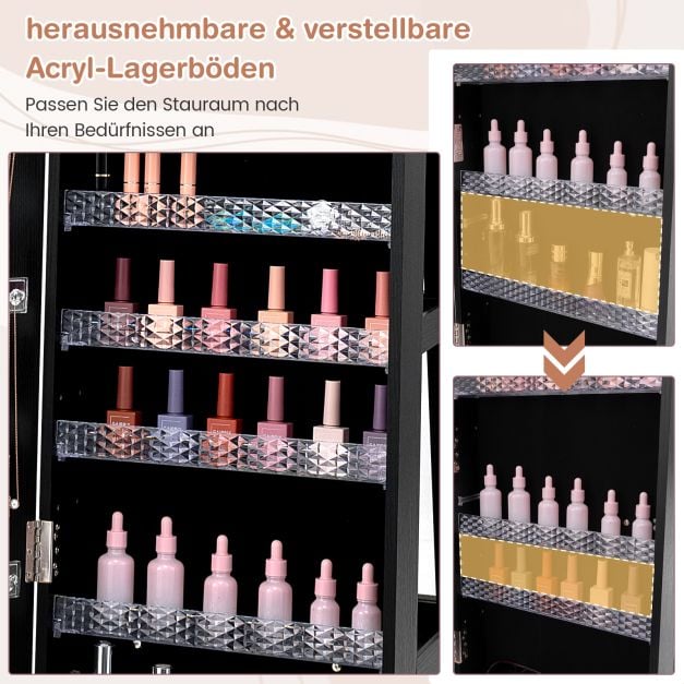 Coast Sieradenkast Zwart – Afsluitbare Spiegelkast met LED Make-up Spiegel – 40 x 38 x 163 cm