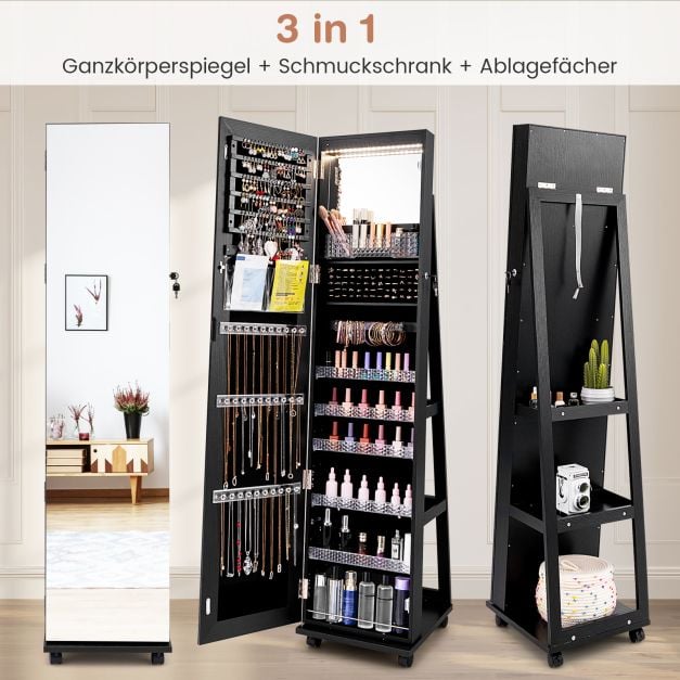 Coast Sieradenkast Zwart – Afsluitbare Spiegelkast met LED Make-up Spiegel – 40 x 38 x 163 cm