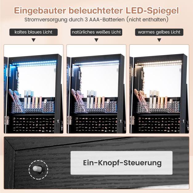 Coast Sieradenkast Zwart – Afsluitbare Spiegelkast met LED Make-up Spiegel – 40 x 38 x 163 cm