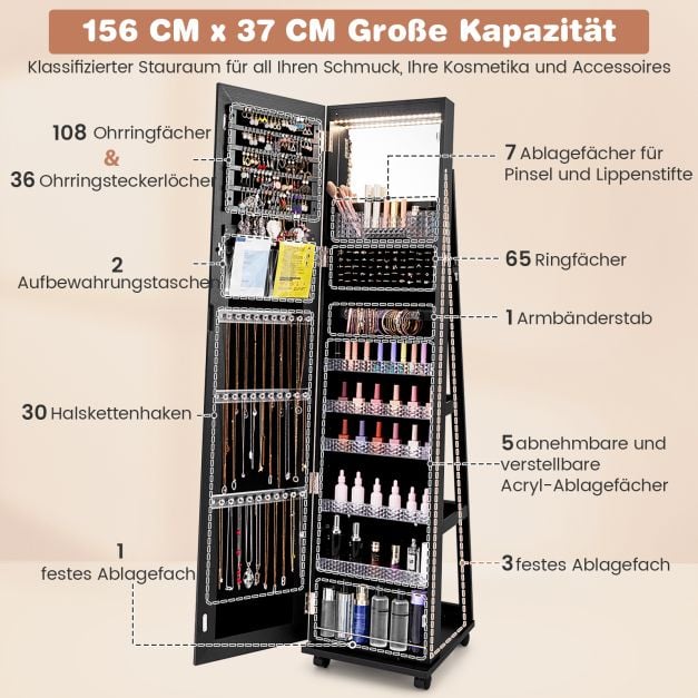 Coast Sieradenkast Zwart – Afsluitbare Spiegelkast met LED Make-up Spiegel – 40 x 38 x 163 cm