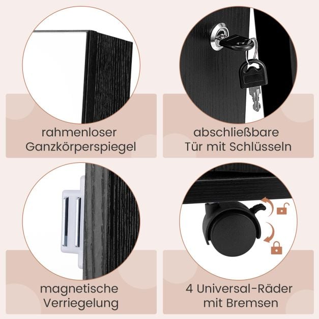 Coast Sieradenkast Zwart – Afsluitbare Spiegelkast met LED Make-up Spiegel – 40 x 38 x 163 cm