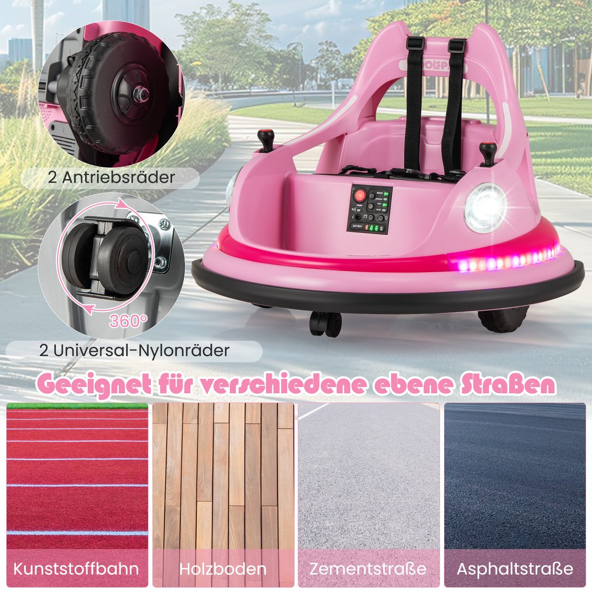 Coast Elektrische bumperauto voor kinderen - 12V met afstandsbediening en dubbele joysticks - roze