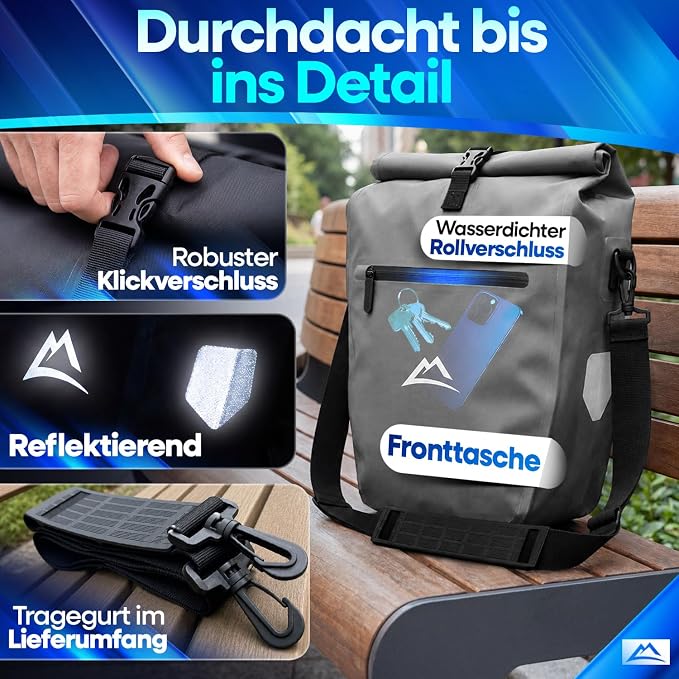 Nextcover Fietstas 28L - TPU - Rolsluiting/Gesp - Bagagedrager - Grijs