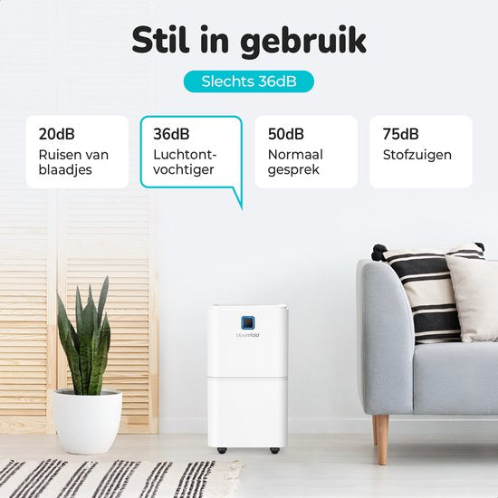 Bloomfold Luchtontvochtiger - 12L per Dag - Incl. Was-droog Functie - Geschikt voor Woonkamer, Slaapkamer, Kelder & Badkamer - Dehumidifier - Wit
