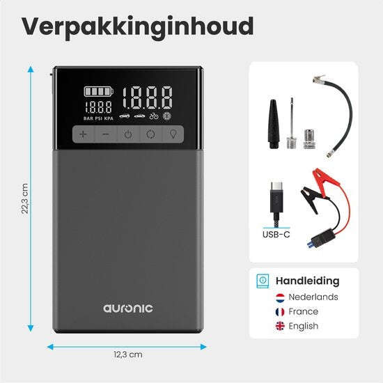 Auronic 12V Jumpstarter – Starthulp voor Auto's - Met Compressor en Bandenpomp – 1500A - 4L Diesel 8L Benzine - Zwart/Grijs