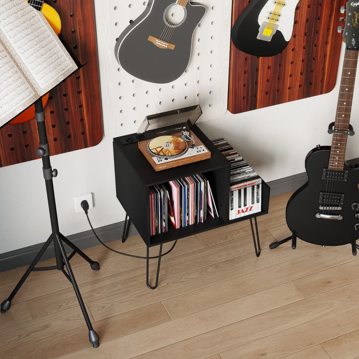 Coast Platenspelerstandaard - bijzettafel met stopcontact en USB - mid-century stijl - wit/zwart/bruin - 66 x 45 x 67 cm